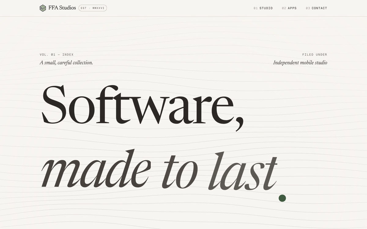 The FFA Studios site — a light, editorial studio one-pager set in a Fraunces serif.